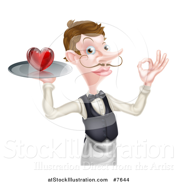 Vector Illustration of a Cartoon Caucasian Male Waiter with a Curling Mustache, Holding a Red Love Heart on a Tray and Gesturing Ok