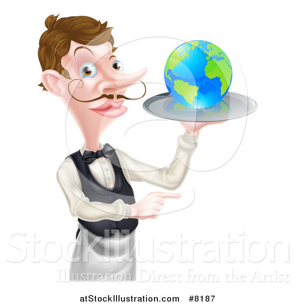 Vector Illustration of a Cartoon Caucasian Male Waiter with a Curling Mustache, Holding Earth on a Tray and Pointing