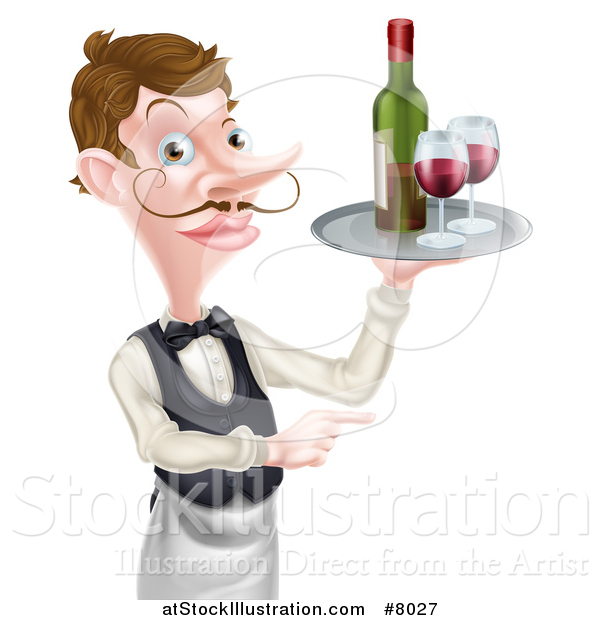 Vector Illustration of a Cartoon Caucasian Male Waiter with a Curling Mustache, Holding Red Wine on a Tray and Pointing