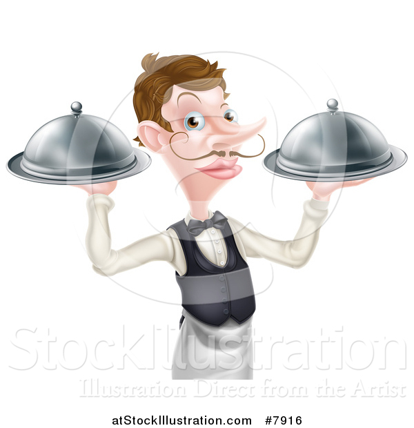 Vector Illustration of a Cartoon Caucasian Male Waiter with a Curling Mustache, Holding Two Cloche Platters