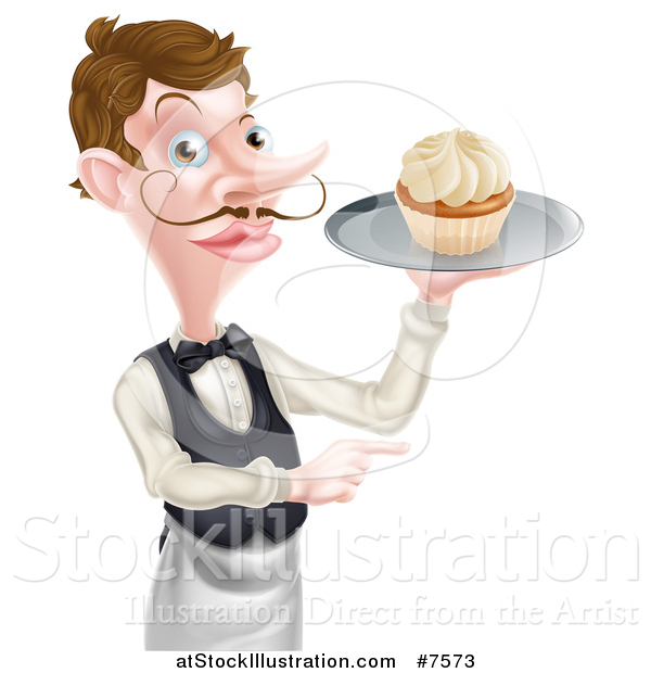 Vector Illustration of a Cartoon Caucasian Male Waiter with a Curling Mustache, Pointing and Holding a Cupcake on a Tray