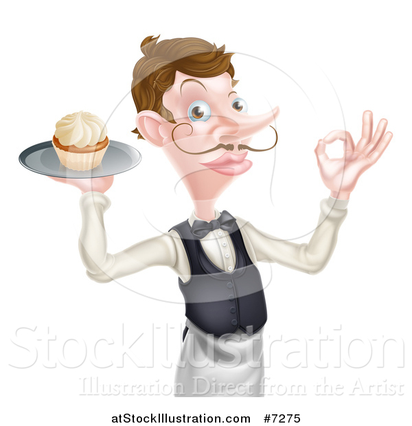 Vector Illustration of a Cartoon Caucasian Male Water with a Curling Mustache, Gesturing Ok and Holding a Cupcake on a Tray