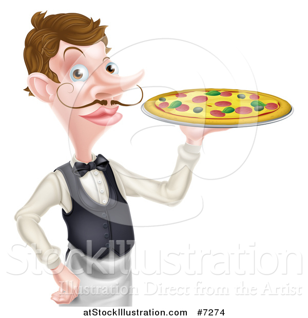 Vector Illustration of a Cartoon Caucasian Male Water with a Curling Mustache, Holding a Pizza on a Tray