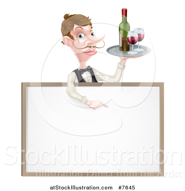 Vector Illustration of a Cartoon Caucasian Male Water with a Curling Mustache, Holding Red Wine on a Tray and Pointing down over a Blank Menu Sign Board