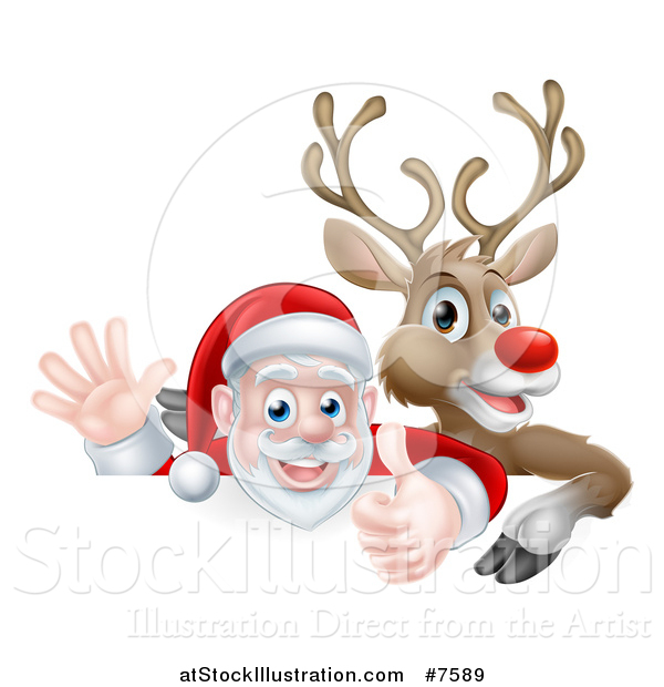 Vector Illustration of a Cartoon Christmas Red Nosed Reindeer and Santa Giving a Thumb up and Waving Above a Sign