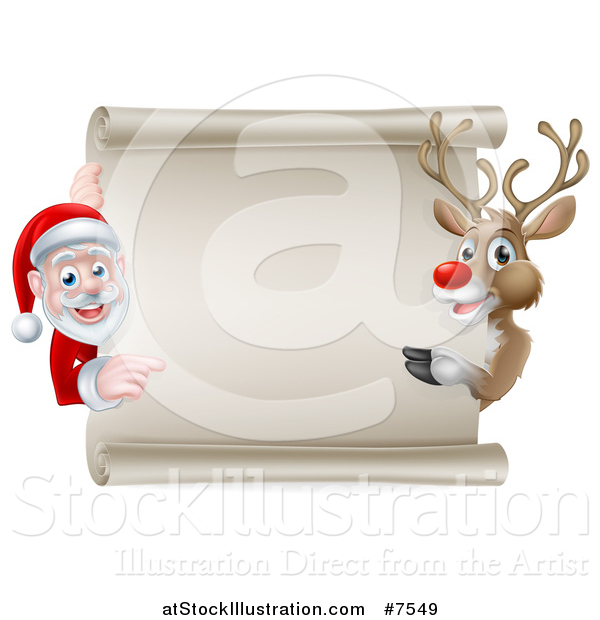 Vector Illustration of a Cartoon Christmas Rudolph the Red Nosed Reindeer and Santa Pointing Around a Blank Scroll Sign