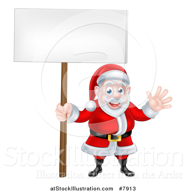 Vector Illustration of a Cartoon Christmas Santa Claus Waving and Holding a Blank Sign