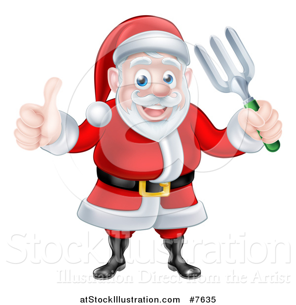Vector Illustration of a Cartoon Christmas Santa Holding a Garden Fork and Giving a Thumb up 2