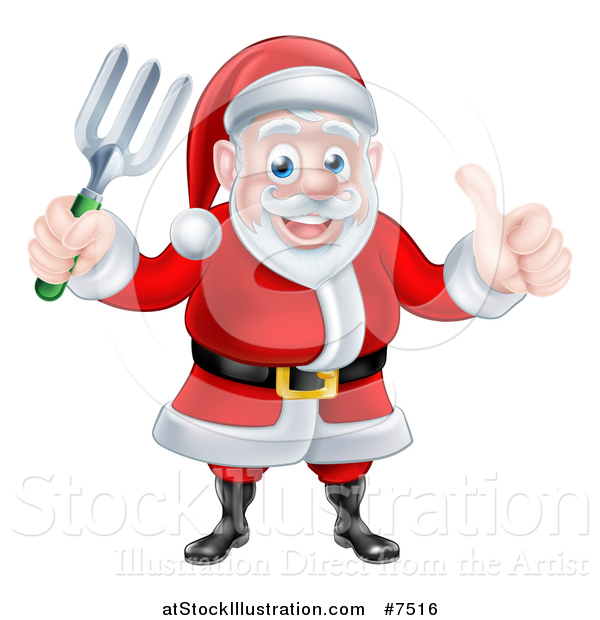 Vector Illustration of a Cartoon Christmas Santa Holding a Garden Fork and Giving a Thumb up