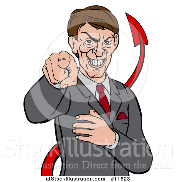 Vector Illustration of a Cartoon Corrupt White Devil Businessman Pointing Outwards, from the Waist up