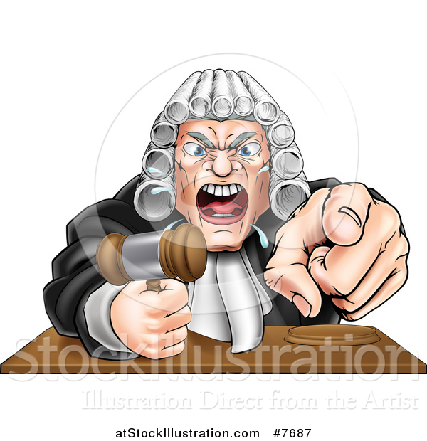 Vector Illustration of a Cartoon Fierce Angry Caucasian Male Judge Spitting, Holding a Gavel and Pointing at the Viewer