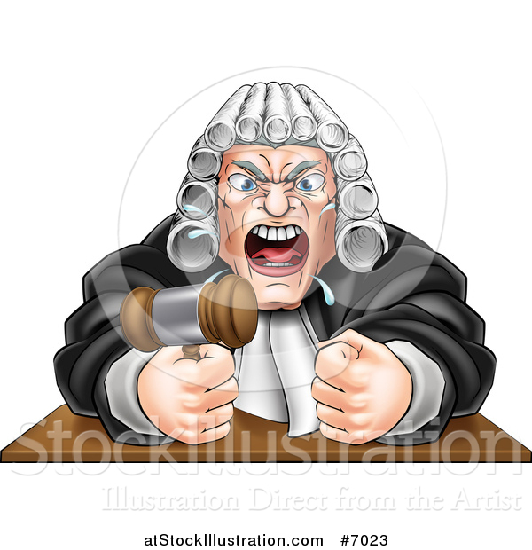 Vector Illustration of a Cartoon Fierce Angry Male Judge Spitting, Holding a Gavel and Pounding a Fist into a Podium