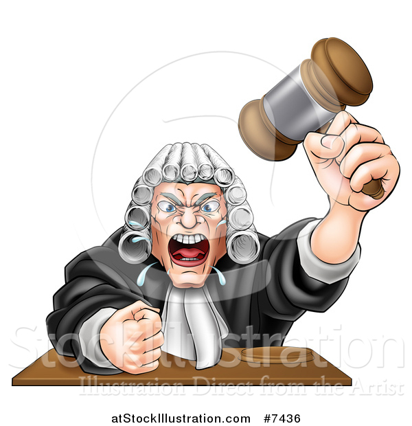 Vector Illustration of a Cartoon Fierce Angry White Male Judge Spitting, Holding a Gavel and Slamming His Fist down