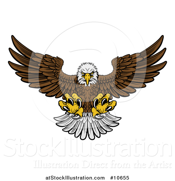 Vector Illustration of a Cartoon Fierce Swooping Bald Eagle with Talons Extended, Flying Forward