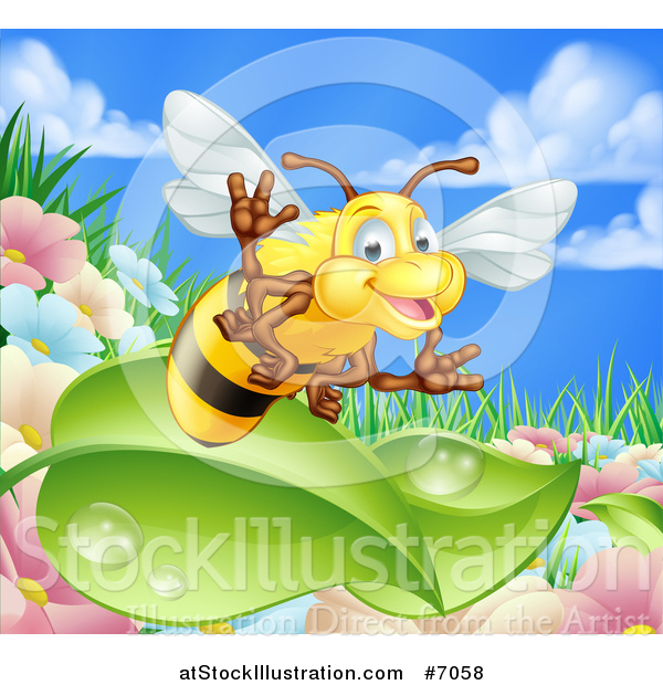 Vector Illustration of a Cartoon Friendly Bee Waving and Flying over Leaves and a Flower Garden