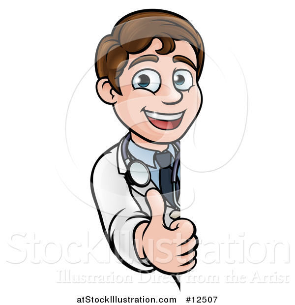 Vector Illustration of a Cartoon Friendly Brunette White Male Doctor Giving a Thumb up Around a Sign