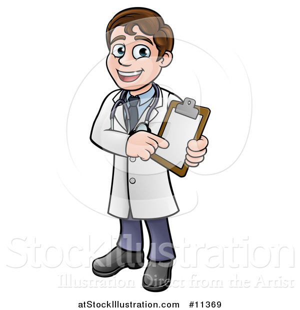Vector Illustration of a Cartoon Friendly Brunette White Male Doctor Holding a Chart