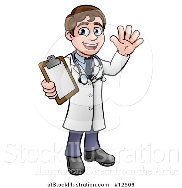 Vector Illustration of a Cartoon Friendly Brunette White Male Doctor Holding a Clipboard Chart
