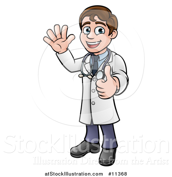 Vector Illustration of a Cartoon Friendly Brunette White Male Doctor Waving and Giving a Thumb up