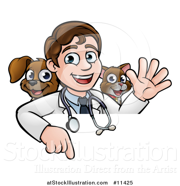 Vector Illustration of a Cartoon Friendly Male Veterinarian Waving and Pointing down over a Sign with a Cat and Dog Behind Him