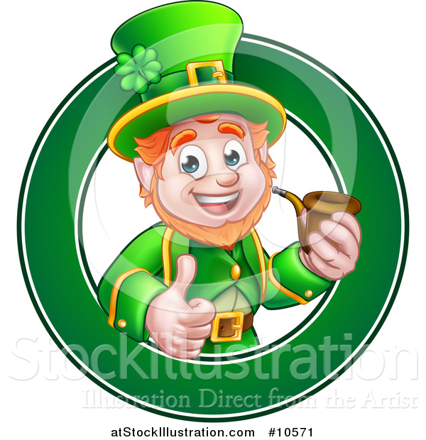 Vector Illustration of a Cartoon Friendly St Patricks Day Leprechaun Giving a Thumb up and Smoking a Pipe in a Green Circle