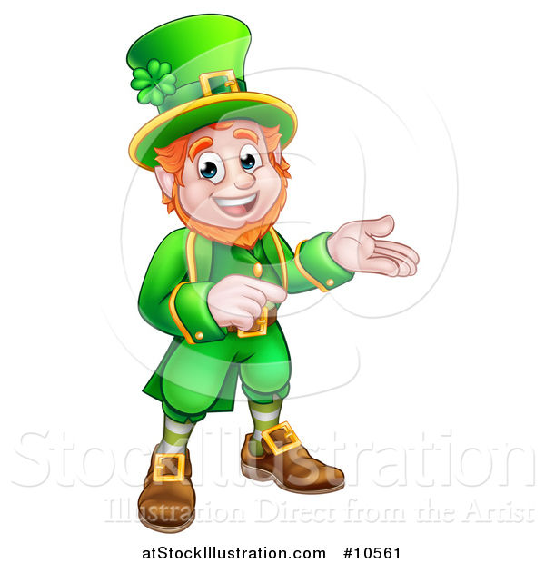 Vector Illustration of a Cartoon Friendly St Patricks Day Leprechaun Presenting and Pointing