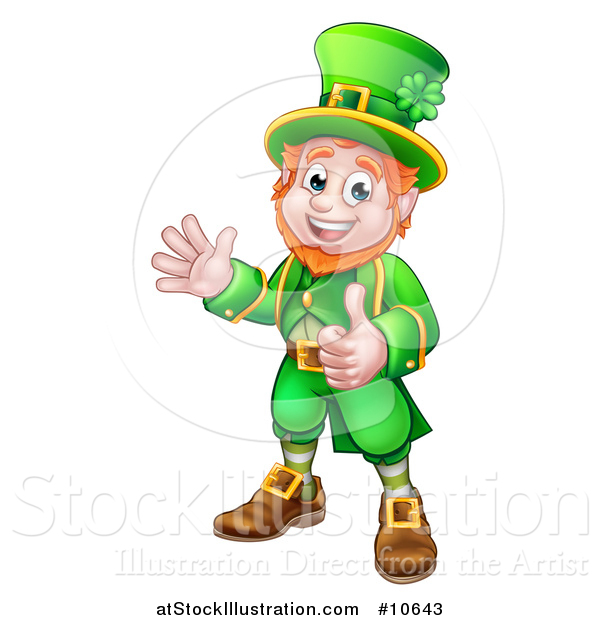 Vector Illustration of a Cartoon Friendly St Patricks Day Leprechaun Waving and Giving a Thumb up