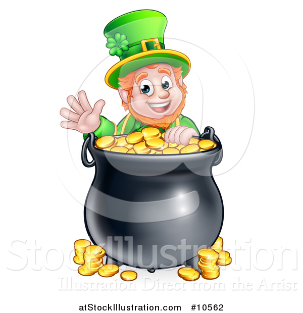 Vector Illustration of a Cartoon Friendly St Patricks Day Leprechaun Waving over a Pot of Gold