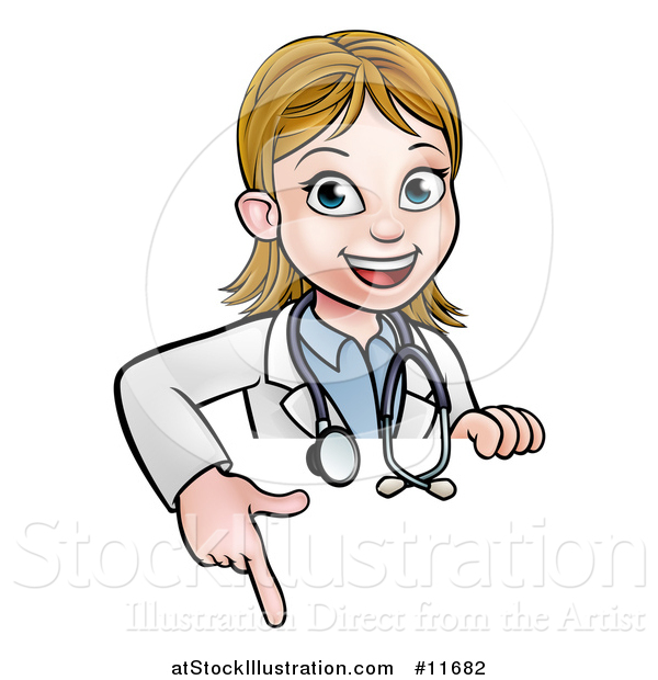 Vector Illustration of a Cartoon Friendly White Female Doctor Pointing down over a Sign