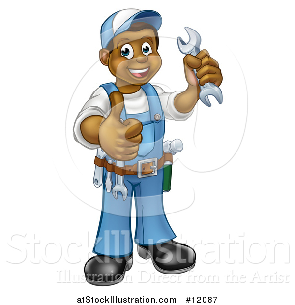 Vector Illustration of a Cartoon Full Length Black Male Plumber Holding a Wrench and Giving a Thumb up