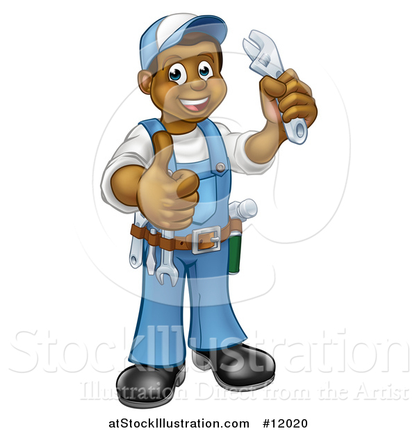 Vector Illustration of a Cartoon Full Length Black Male Plumber Holding an Adjustable Wrench and Giving a Thumb up