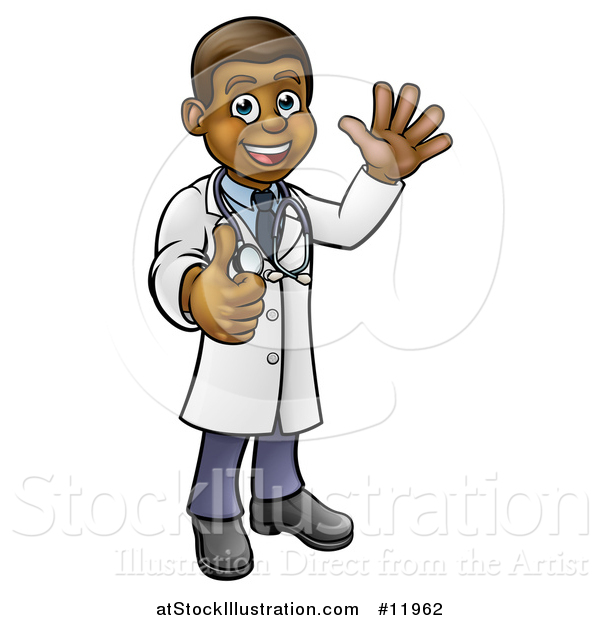 Vector Illustration of a Cartoon Full Length Friendly Black Male Doctor Waving and Giving a Thumb up
