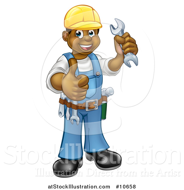 Vector Illustration of a Cartoon Full Length Happy Black Male Mechanic Holding up a Wrench and Giving a Thumb up