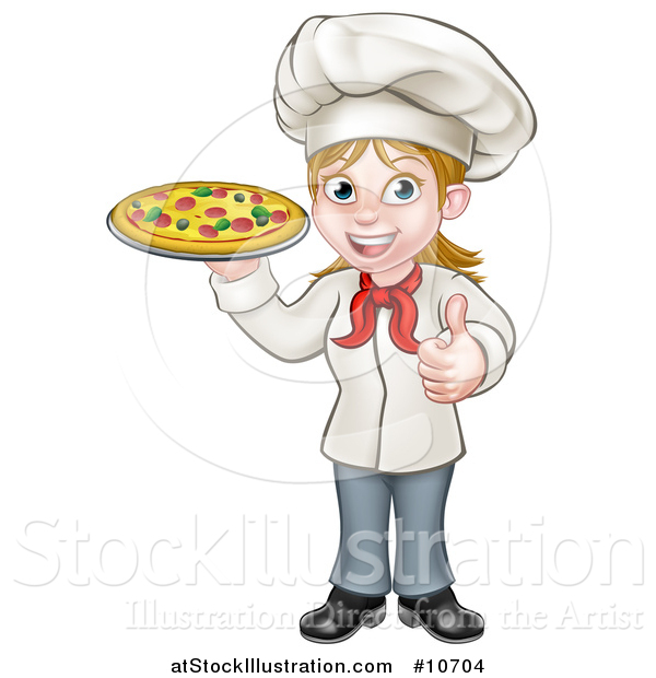 Vector Illustration of a Cartoon Full Length Happy White Female Chef Giving a Thumb up and Holding a Pizza