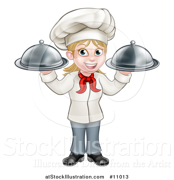 Vector Illustration of a Cartoon Full Length Happy White Female Chef Holding Two Cloche Platters