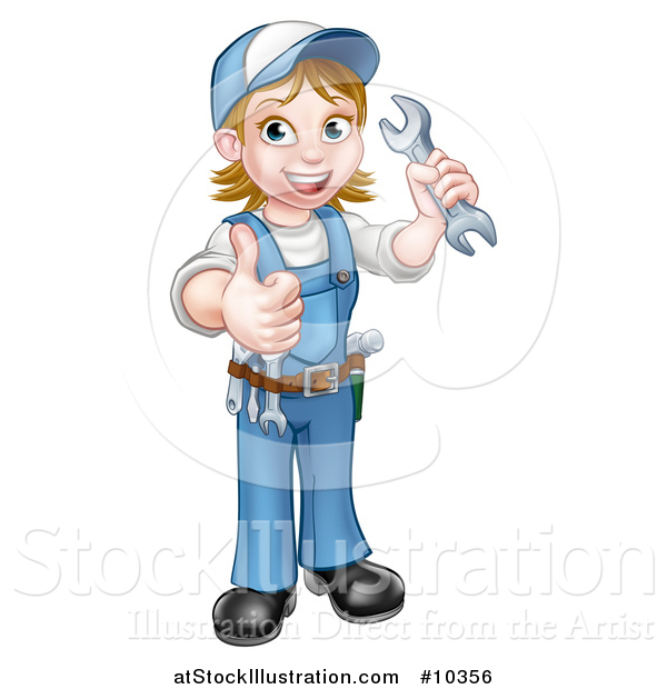 Vector Illustration of a Cartoon Full Length Happy White Female Mechanic Wearing a Hard Hat, Holding a Spanner Wrench and Giving a Thumb up