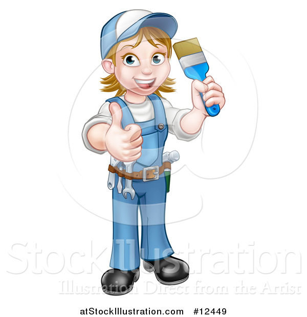 Vector Illustration of a Cartoon Full Length Happy White Female Painter Holding up a Brush and Thumb