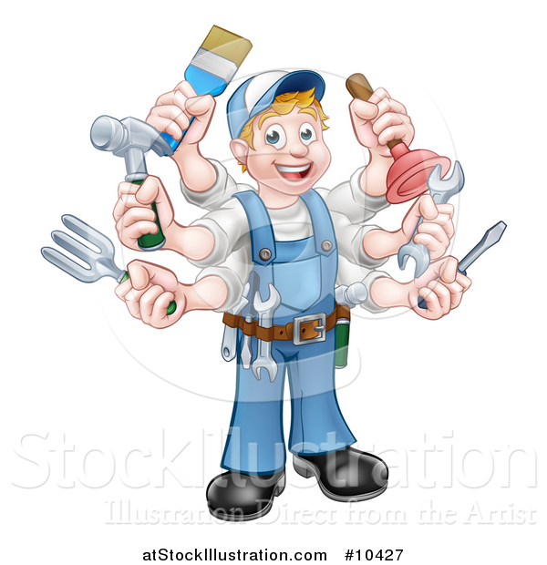 Vector Illustration of a Cartoon Full Length Happy White Handy Man with ...