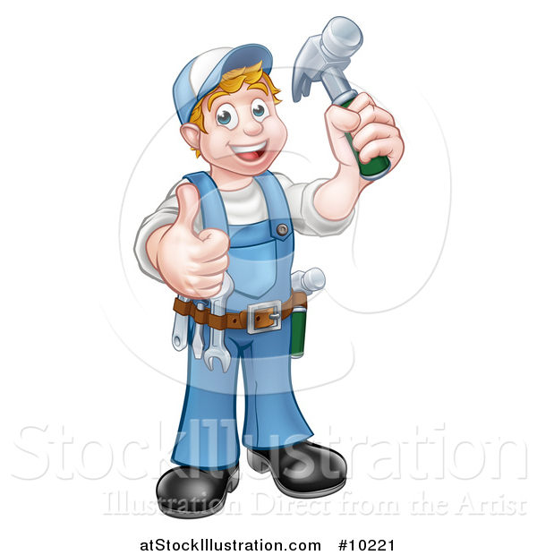 Vector Illustration of a Cartoon Full Length Happy White Male Carpenter Holding a Hammer and Giving a Thumb up