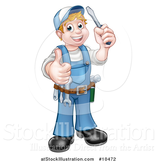 Vector Illustration of a Cartoon Full Length Happy White Male Electrician Holding up a Screwdriver and Thumb