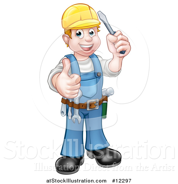 Vector Illustration of a Cartoon Full Length Happy White Male Electrician Holding up a Screwdriver and Thumb