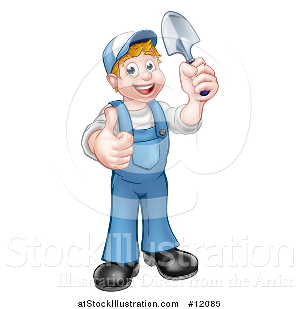Vector Illustration of a Cartoon Full Length Happy White Male Gardener in Blue, Holding a Garden Trowel and Giving a Thumb up