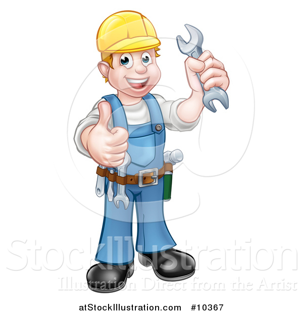 Vector Illustration of a Cartoon Full Length Happy White Male Mechanic Wearing a Hard Hat, Holding a Spanner Wrench and Giving a Thumb up