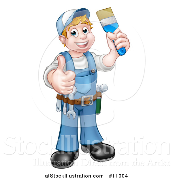 Vector Illustration of a Cartoon Full Length Happy White Male Painter Holding up a Brush and Giving a Thumb up