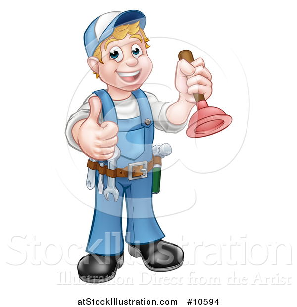 Vector Illustration of a Cartoon Full Length Happy White Male Plumber Holding a Plunger and Giving a Thumb up