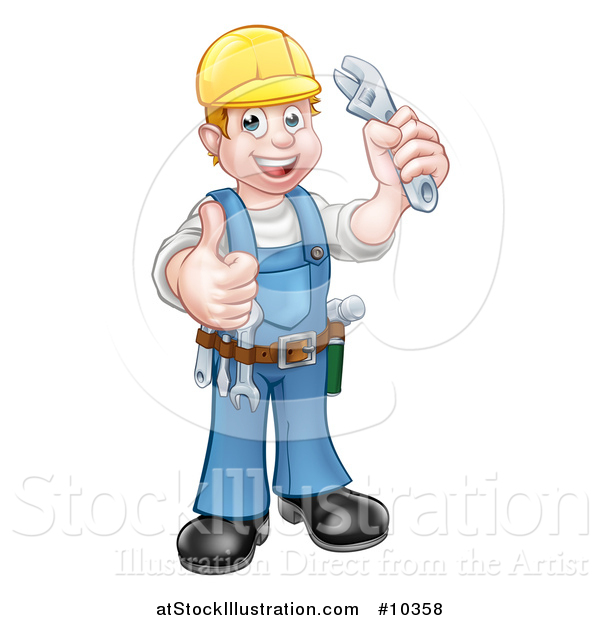 Vector Illustration of a Cartoon Full Length Happy White Male Plumber Wearing a Hardhat, Holding an Adjustable Wrench and Giving a Thumb up