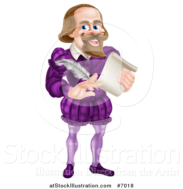 Vector Illustration of a Cartoon Full Length Happy William Shakespeare Holding a Scroll and Feather Quill