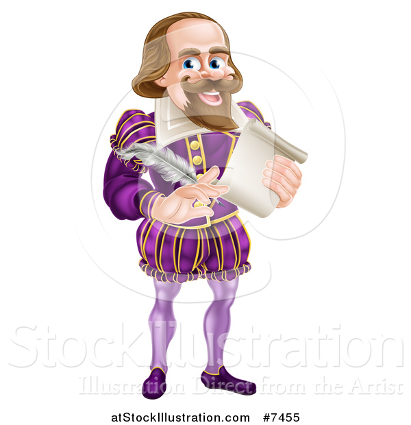 Vector Illustration of a Cartoon Full Length Happy William Shakespeare Holding a Scroll and Quill