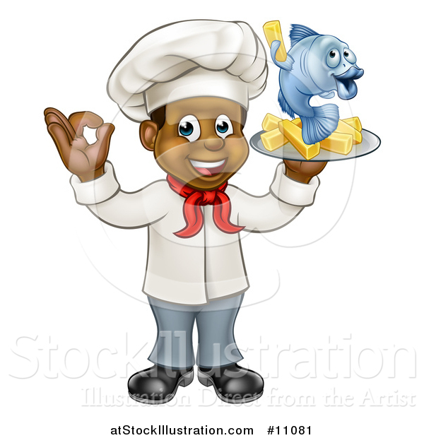 Vector Illustration of a Cartoon Full Length Happy Young Black Male Chef Holding a Fish Character and Chips on a Tray