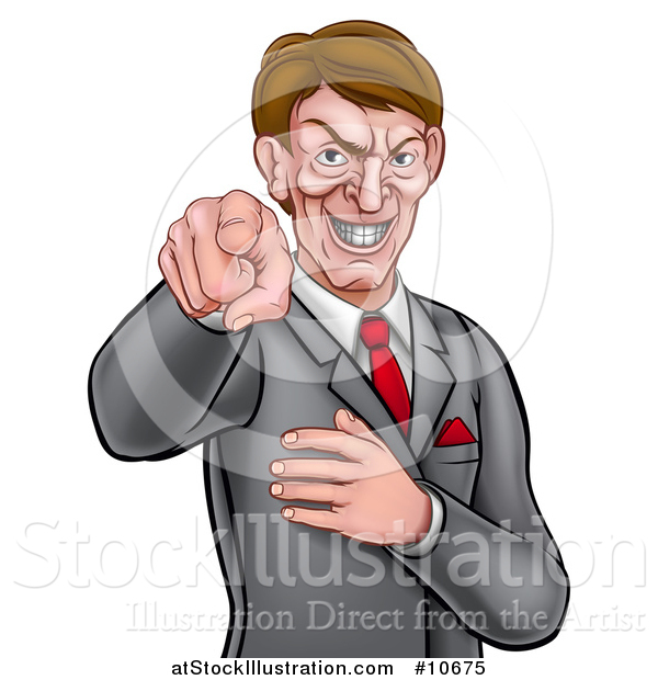 Vector Illustration of a Cartoon Grinning Evil White Business Man Pointing His Finger Outwards